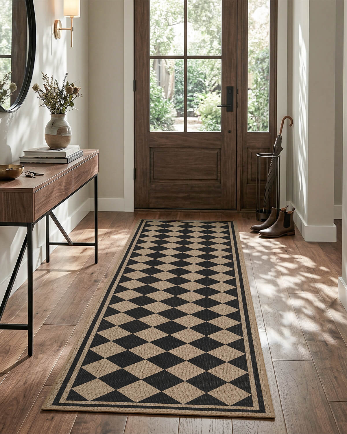 Indoor outdoor rug with soft woven texture bringing modern comfort to indoor and outdoor living