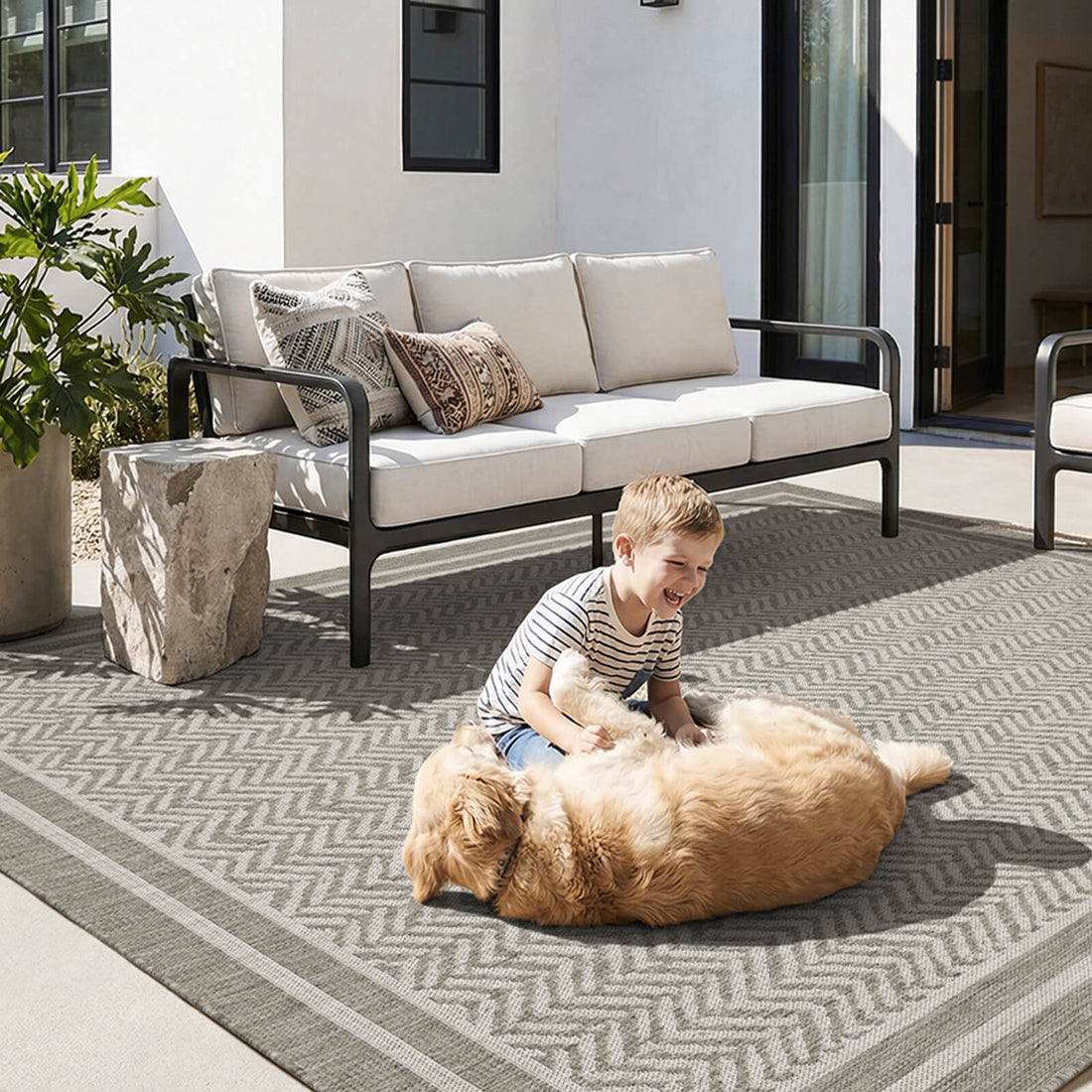 Durable indoor outdoor rug ideal for poolside lounging and family patio gatherings