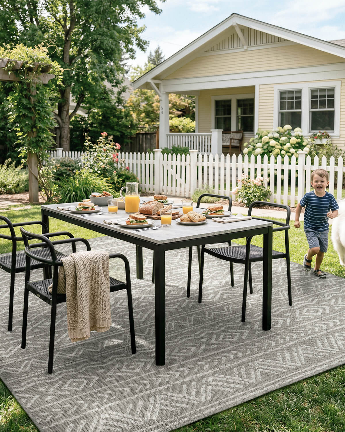 Indoor outdoor rug designed for modern family spaces with low maintenance materials and durable comfort
