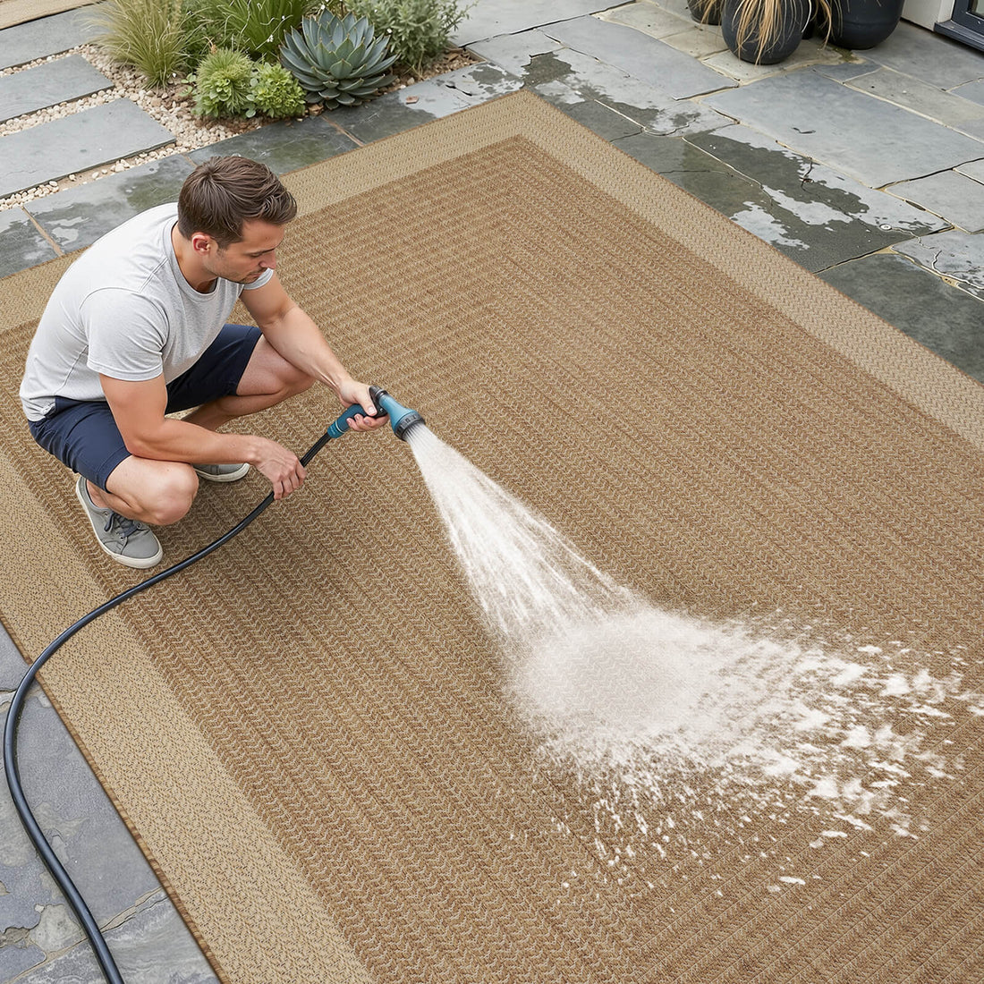 Quick dry indoor outdoor rug designed for rainy climates and active households with pets and kids