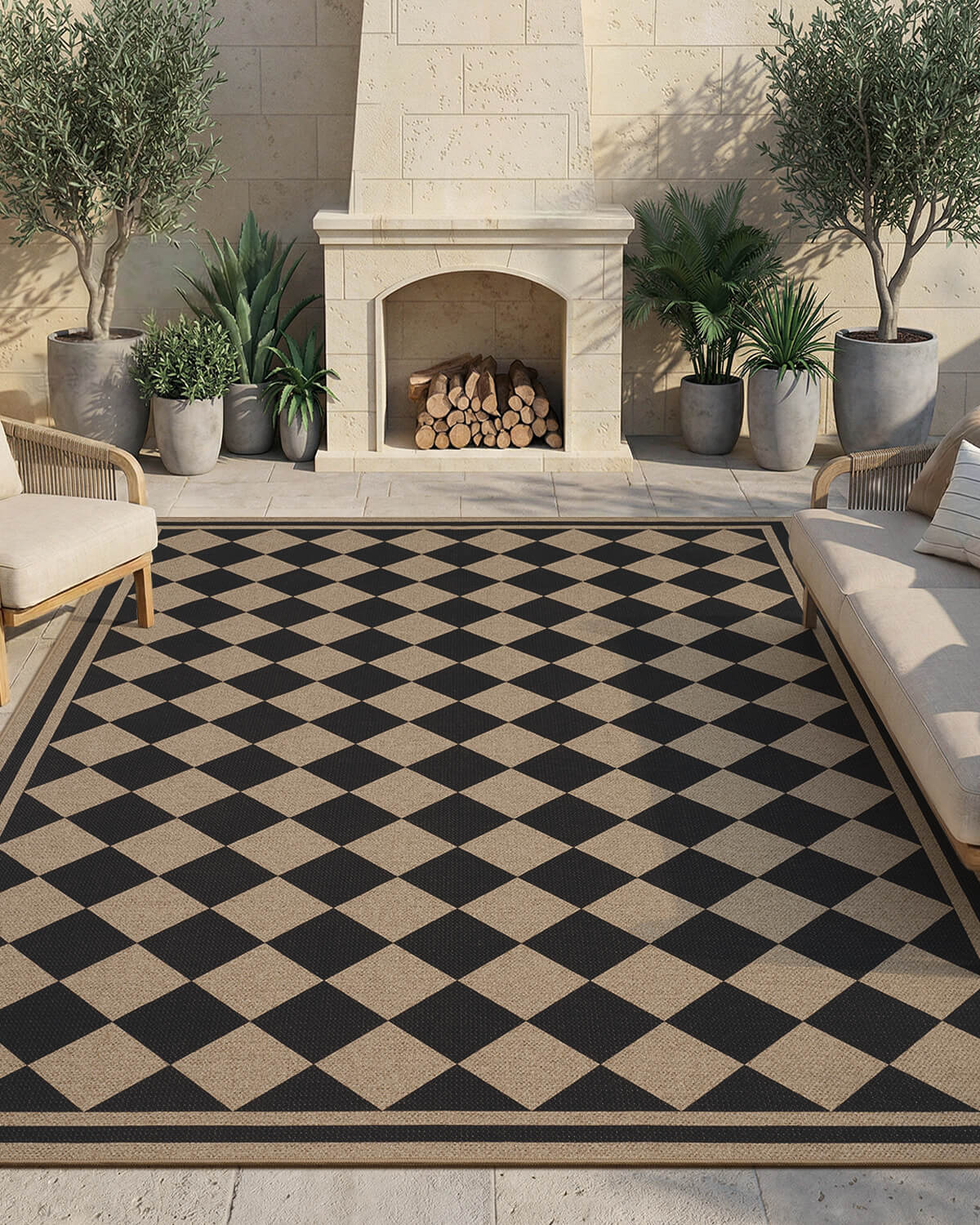 Indoor outdoor rug featuring a clean border layout and natural faux jute inspired texture