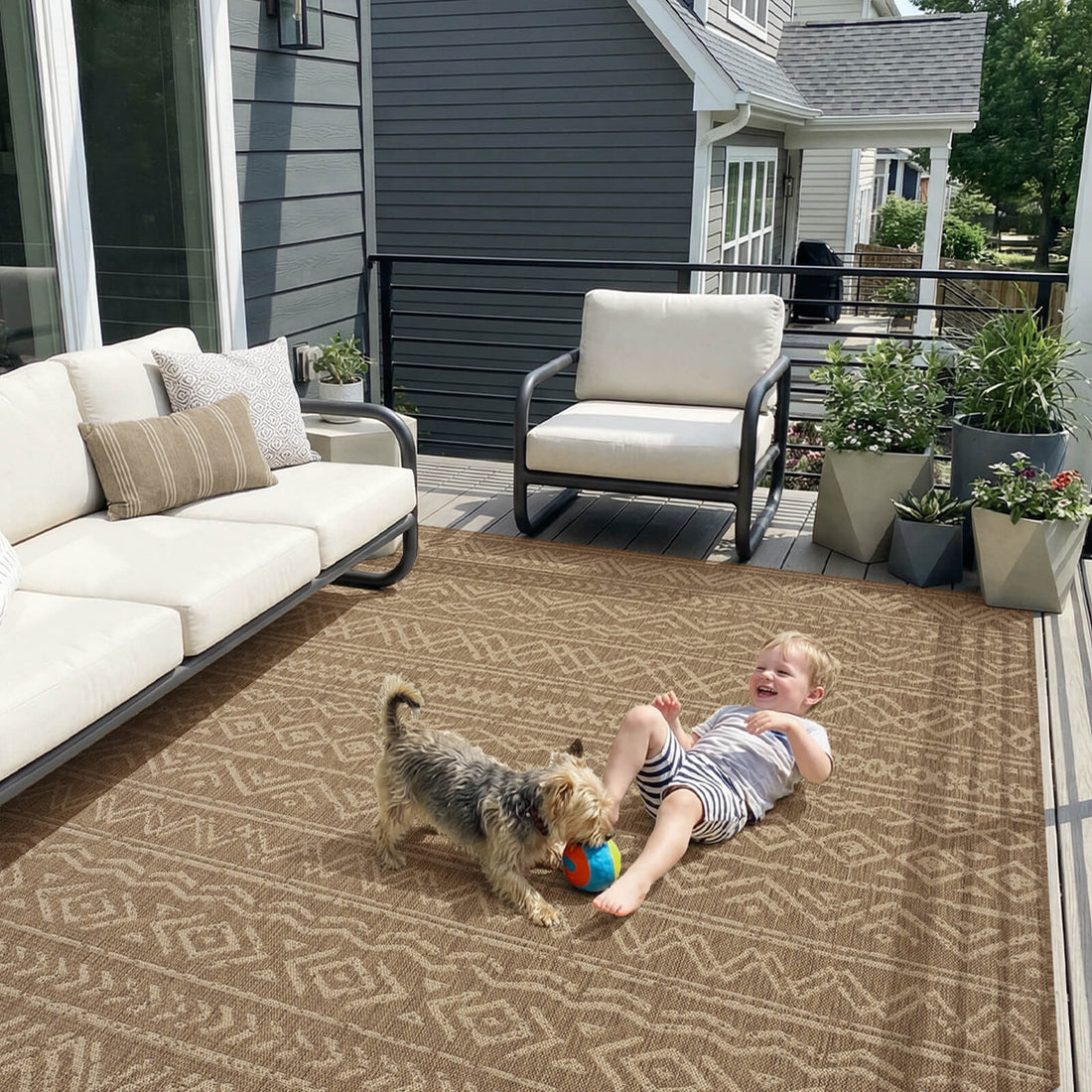 Indoor outdoor rug offering versatility for balconies decks gardens and living rooms with easy care durability