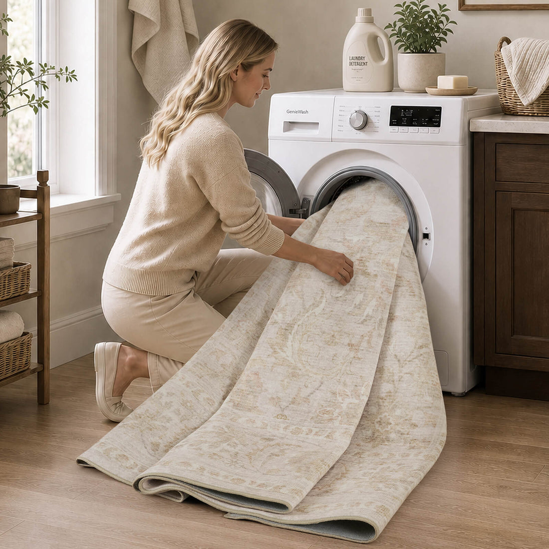 An ivory beige vintage washable area rug is shown in a laundry room, highlighting its machine washable design, soft low-pile texture, easy-clean surface, and practical style for busy homes.