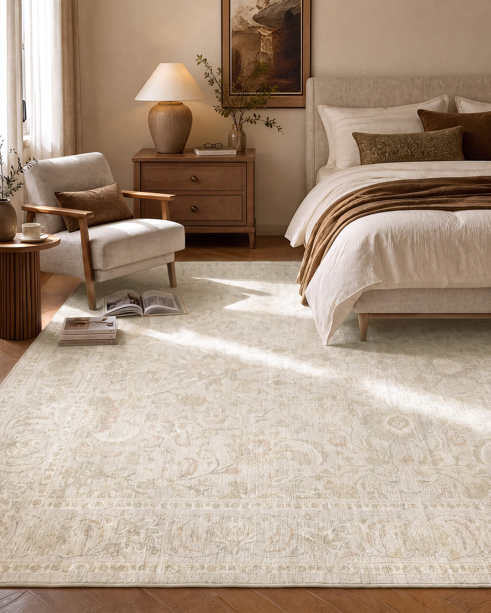 An ivory beige vintage washable rug with a soft ornamental medallion pattern adds warm neutral style to a cozy bedroom with wood furniture, upholstered seating, and natural sunlight.
