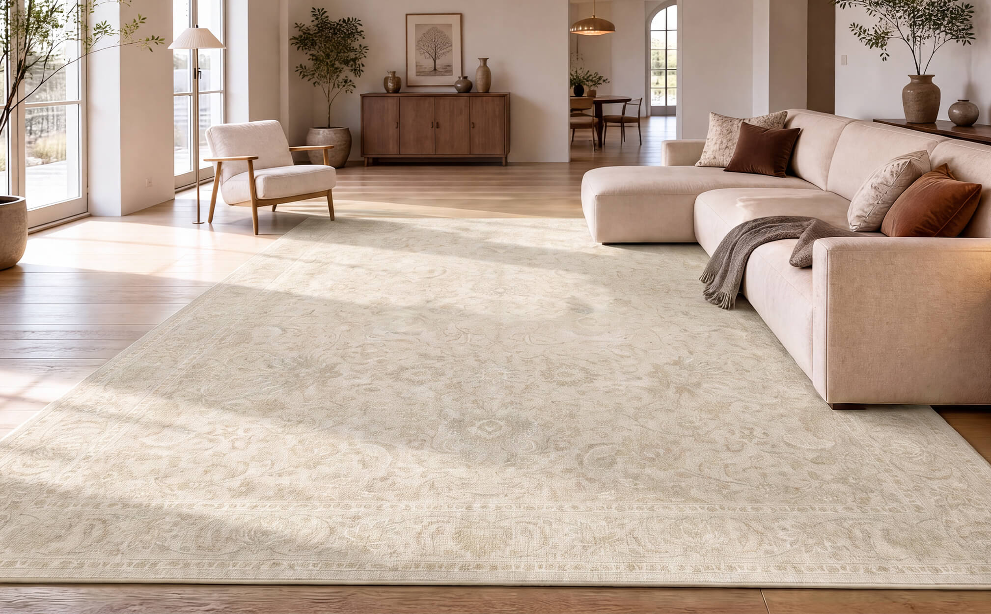 An ivory beige vintage washable rug with a soft distressed pattern anchors an open concept living room with a sectional sofa, natural wood flooring, warm sunlight, and elegant neutral decor.