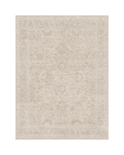 An ivory beige washable vintage area rug features a softly faded ornamental pattern, delicate border details, and a low-pile design for elegant living rooms, bedrooms, and neutral home decor.
