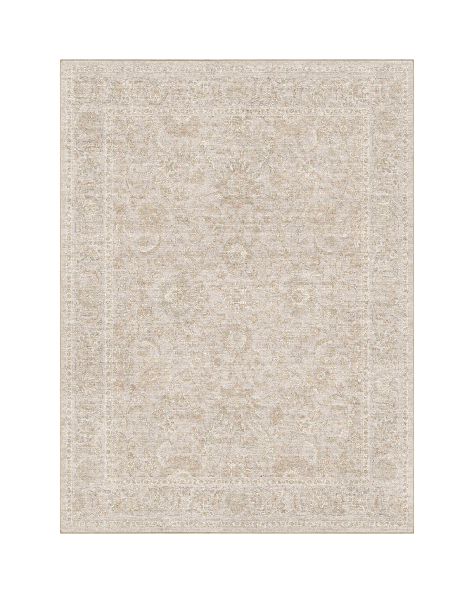 An ivory beige washable vintage area rug features a softly faded ornamental pattern, delicate border details, and a low-pile design for elegant living rooms, bedrooms, and neutral home decor.