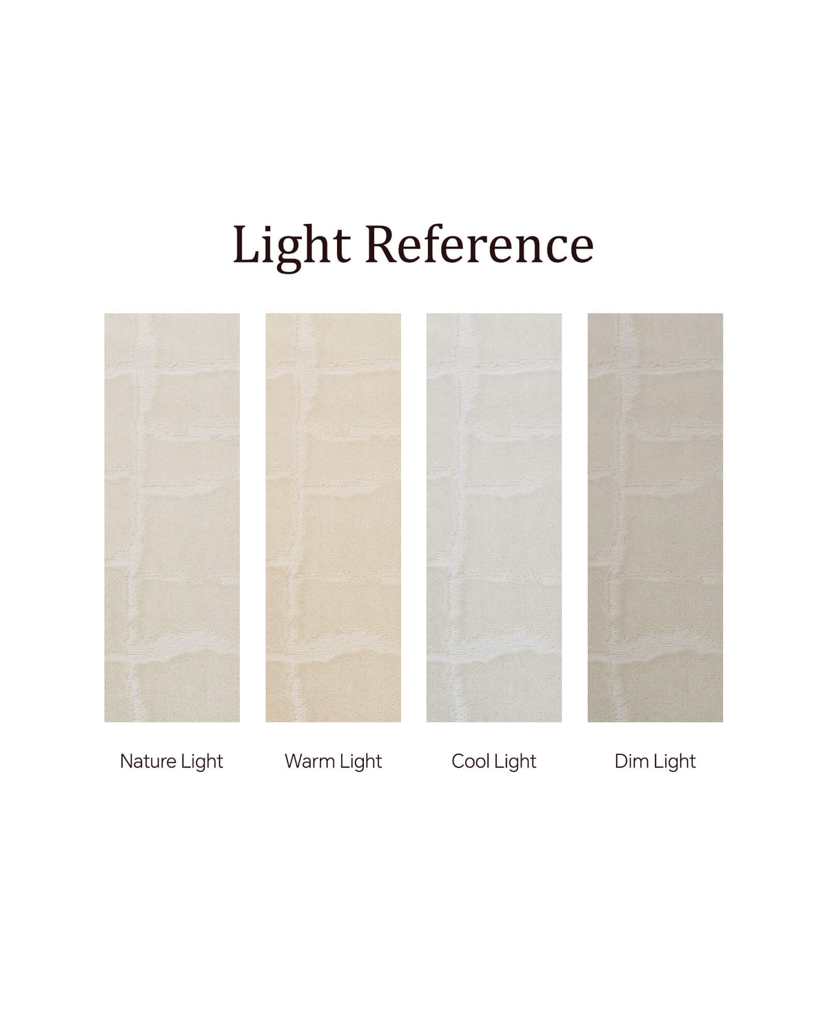 A light reference display for an ivory luxury Wilton jacquard rug shows how its raised grid texture, plush tonal surface, and refined woven depth appear under natural, warm, cool, and dim lighting conditions.
