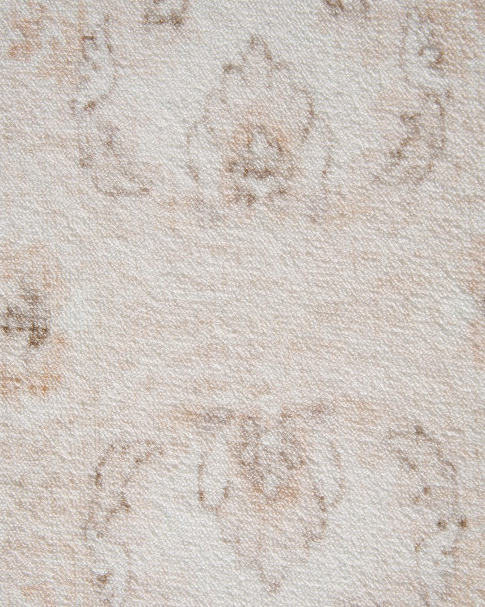 A close-up view of an ivory neutral vintage washable area rug showing its faded ornamental surface, soft low-pile texture, and subtle distressed pattern for cozy living rooms, bedrooms, and everyday home decor.