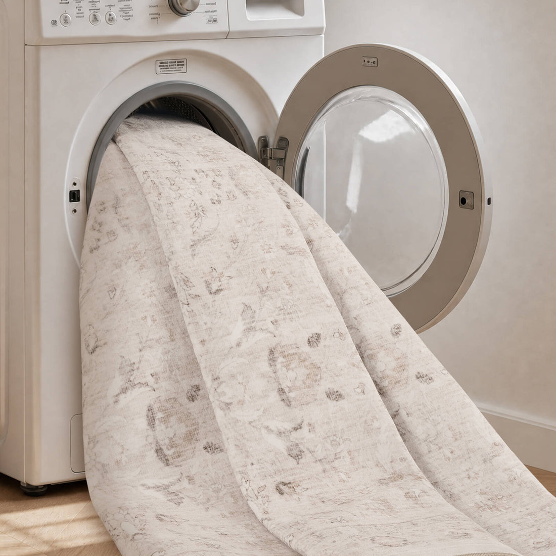 An ivory neutral vintage washable area rug is shown coming out of a front-load washing machine, highlighting its easy-care design, faded ornamental pattern, soft low-pile texture, and everyday convenience for busy homes.