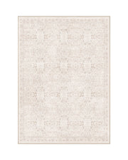 An ivory neutral vintage washable area rug features a softly faded floral border pattern, subtle distressed details, and a low-pile design for elegant living rooms, bedrooms, and cozy neutral home decor.