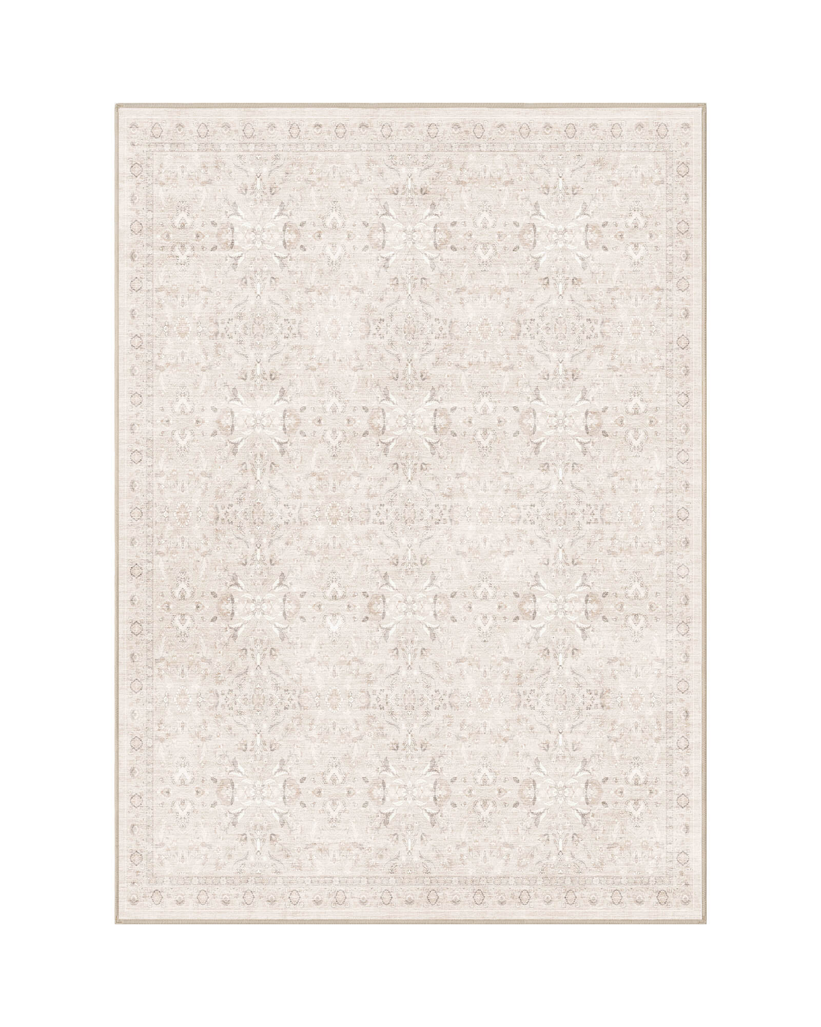 An ivory neutral vintage washable area rug features a softly faded floral border pattern, subtle distressed details, and a low-pile design for elegant living rooms, bedrooms, and cozy neutral home decor.