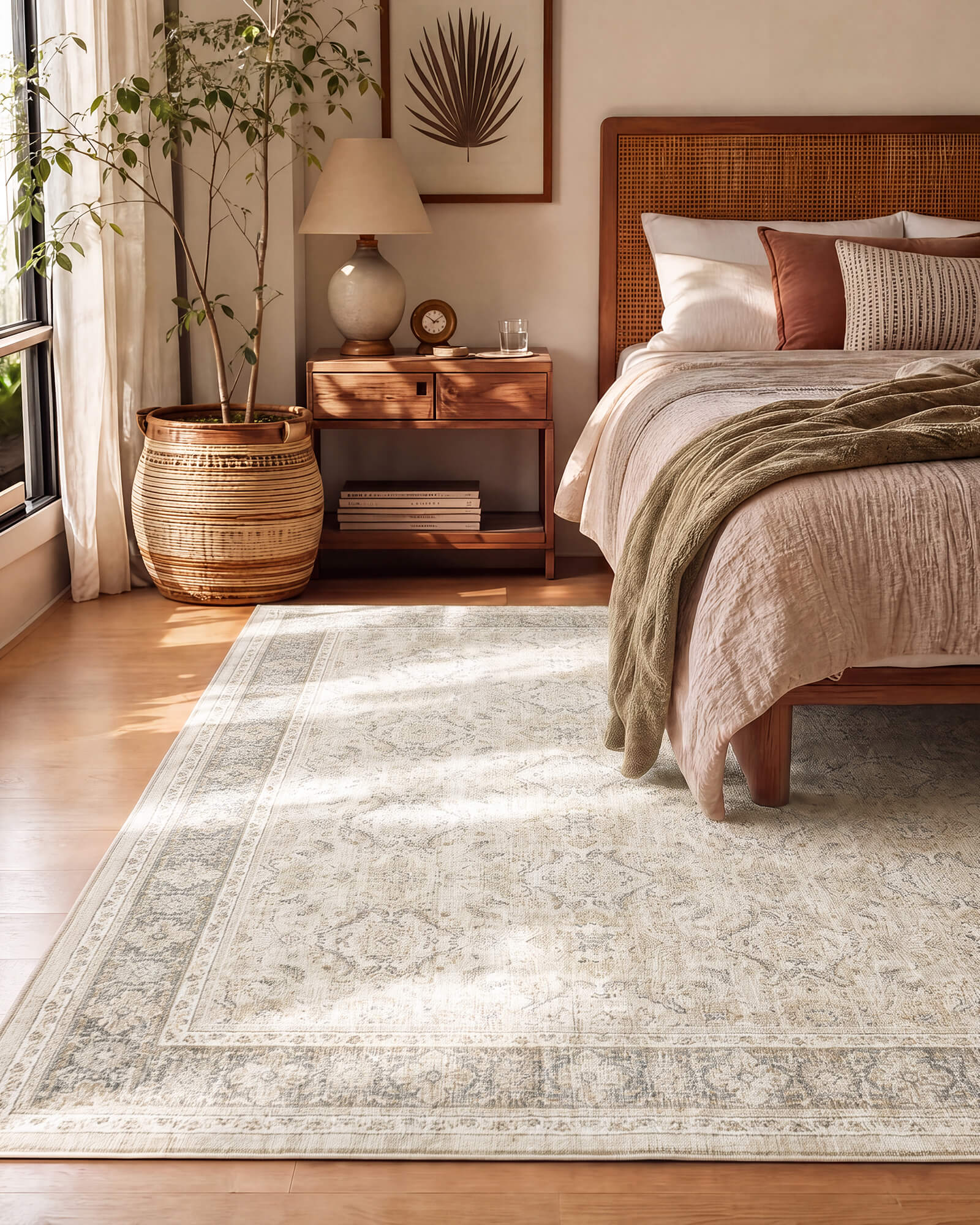 An ivory neutral vintage washable rug with a faded ornamental border brings soft warmth to a sunlit boho bedroom with a rattan bed frame, woven basket, wood nightstand, and natural textures.