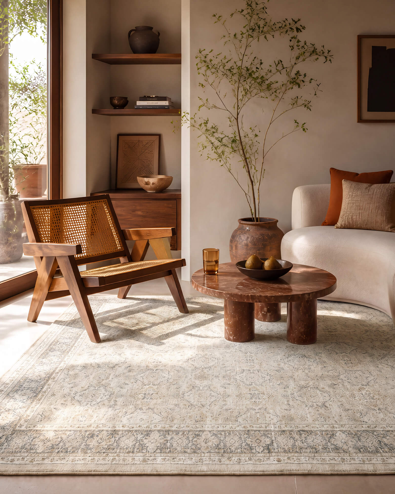 An ivory neutral vintage washable rug with a soft faded border pattern creates a warm reading corner with a cane chair, round wood coffee table, neutral sofa, and sunlit earthy decor.
