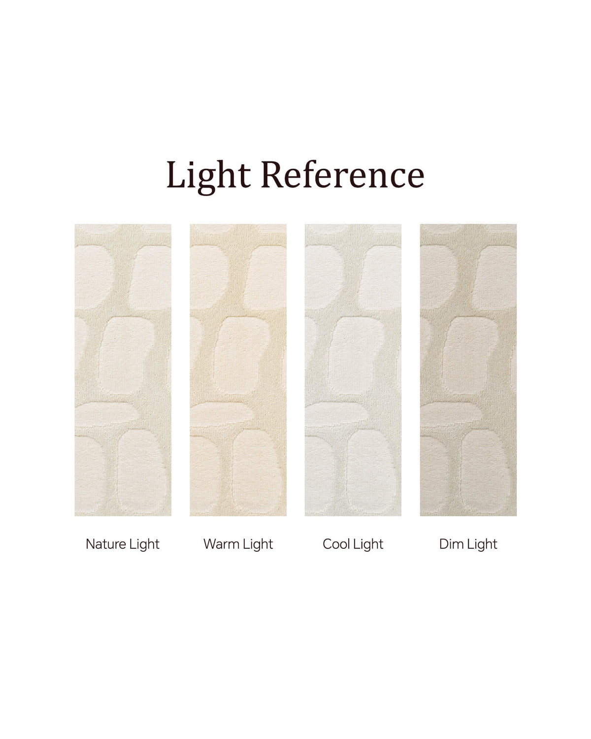 A light reference display for an ivory premium Wilton jacquard rug shows how its raised pebble-inspired texture and dimensional woven tones appear under natural, warm, cool, and dim lighting conditions.
