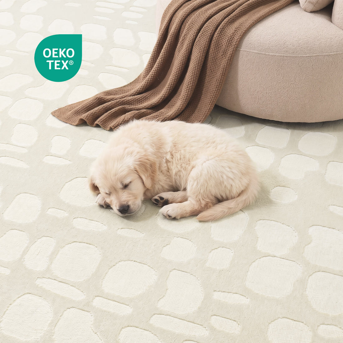 An ivory premium Wilton jacquard rug with OEKO-TEX certification creates a soft puppy friendly space, featuring raised pebble-inspired texture, refined tonal depth, and elevated comfort for luxury living rooms and bedrooms.