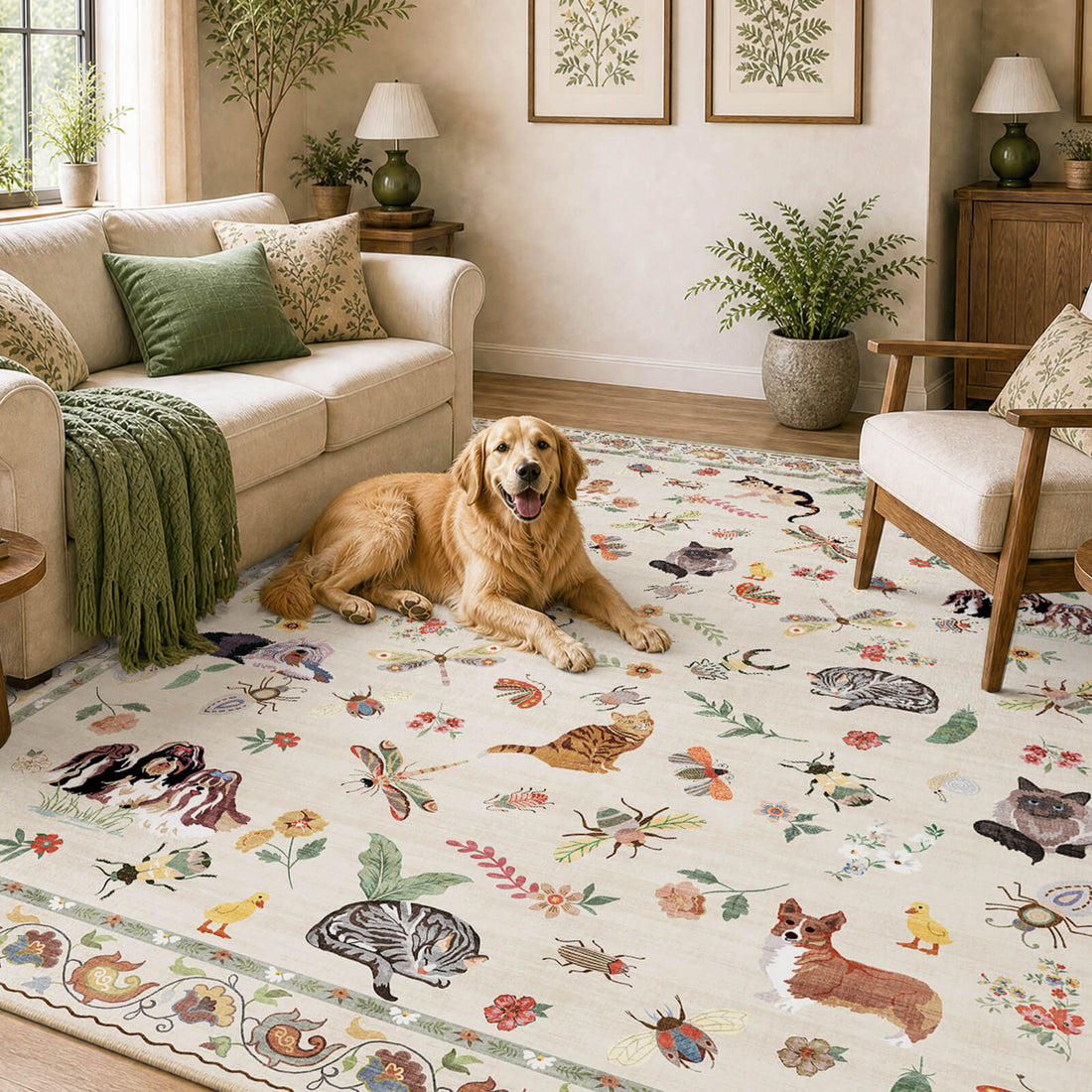 An ivory soft kids area rug with cute animal, butterfly, and floral patterns creates a cheerful dog friendly living room space, offering gentle comfort, playful style, and a cozy surface for children’s playrooms, bedrooms, and family areas.
