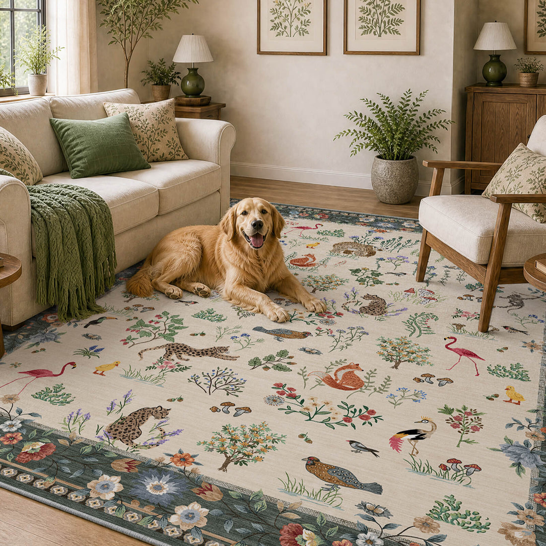 An ivory soft kids area rug with cute forest animals, birds, flamingos, mushrooms, and floral border details creates a cozy dog friendly living room space with gentle comfort and playful child-friendly style.