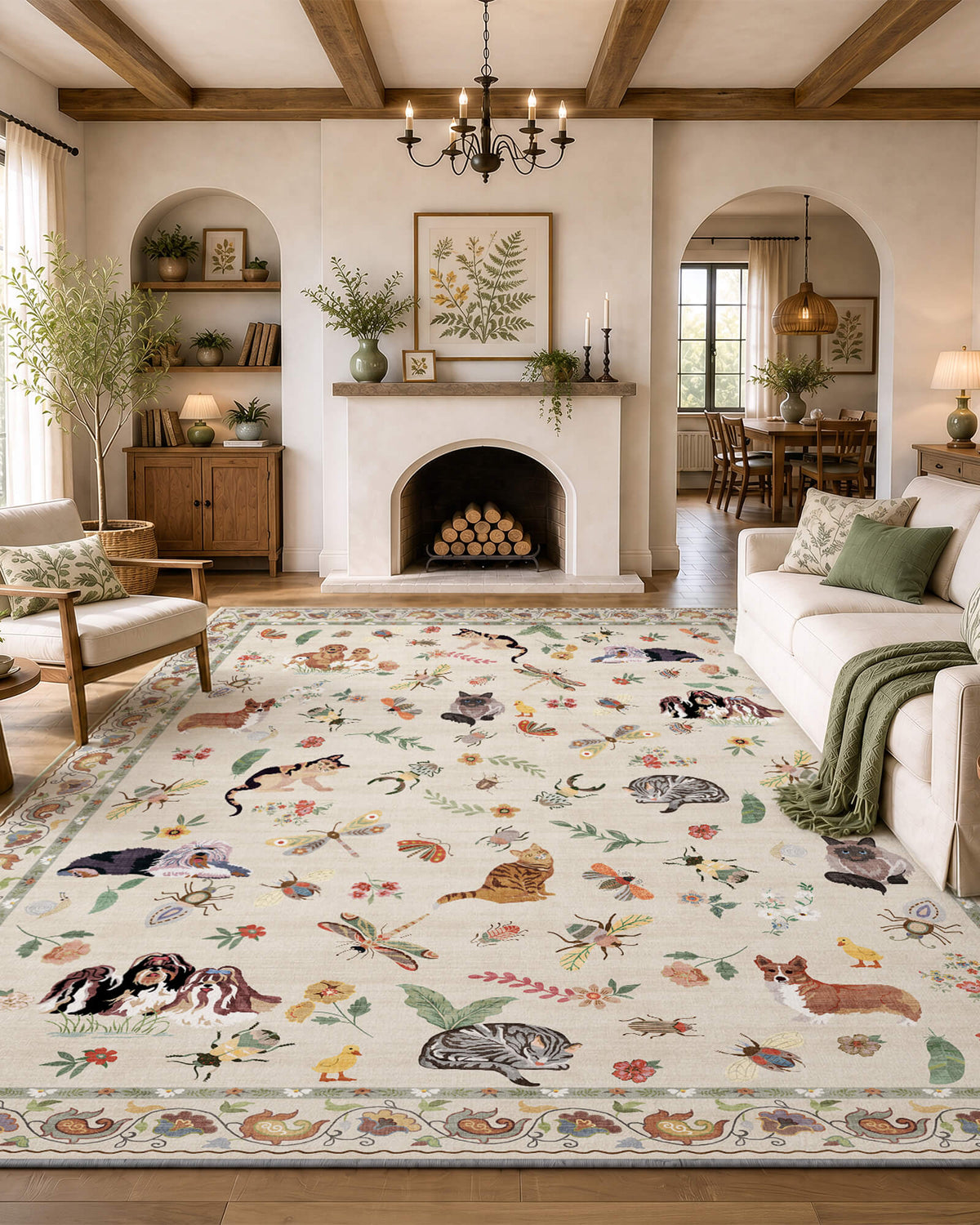 An ivory soft kids area rug with cute animal, butterfly, and floral patterns brings playful comfort to a cozy fireplace living room, creating a cheerful child-friendly space with warm wood accents and gentle family decor.