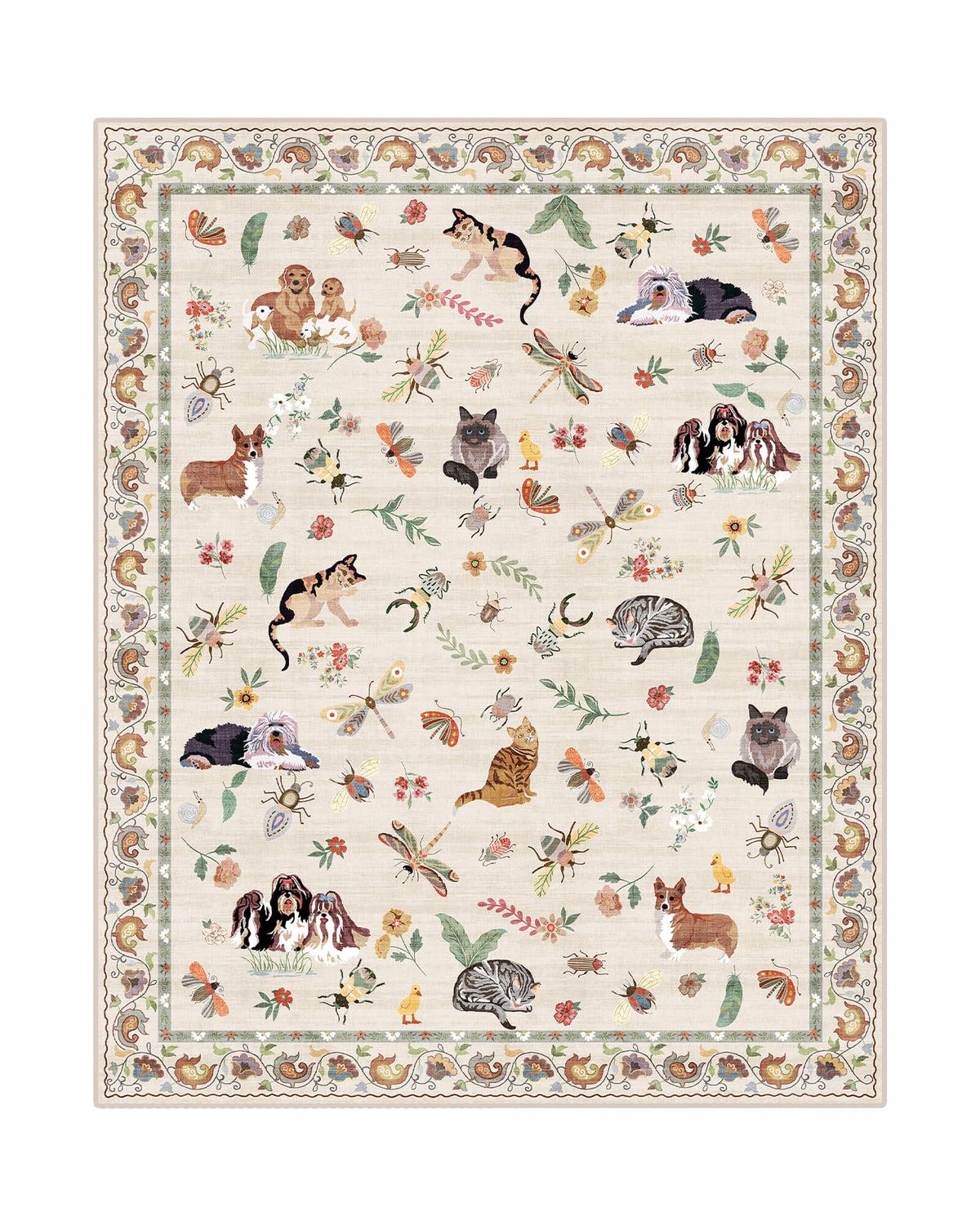 An ivory soft kids area rug features cute animal, butterfly, floral, and garden-inspired illustrations with a decorative border, creating a cozy and playful surface for nurseries, playrooms, and children’s bedrooms.