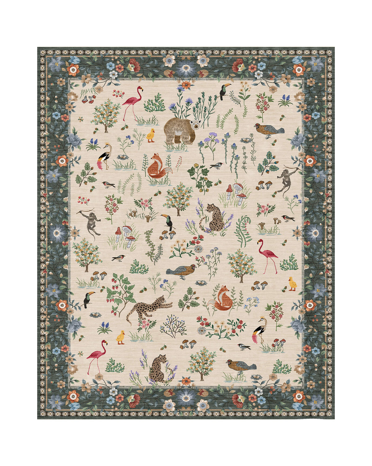 An ivory soft kids area rug features cute forest animals, birds, flamingos, mushrooms, and botanical illustrations with a green floral border, creating a cozy and playful surface for nurseries, playrooms, and children’s bedrooms.