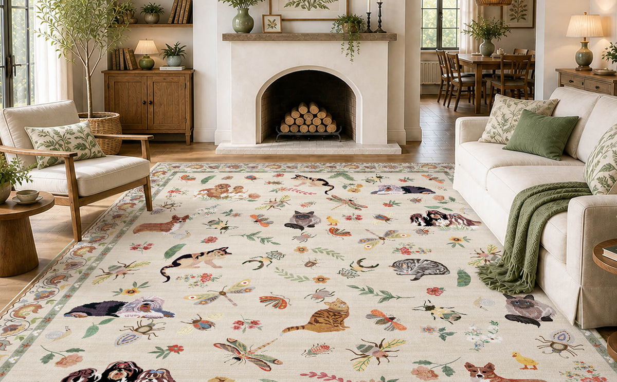 An ivory soft kids area rug with cute animal, butterfly, and floral patterns adds playful comfort to a bright family living room with cream seating, green accents, a cozy fireplace, and warm child-friendly decor.