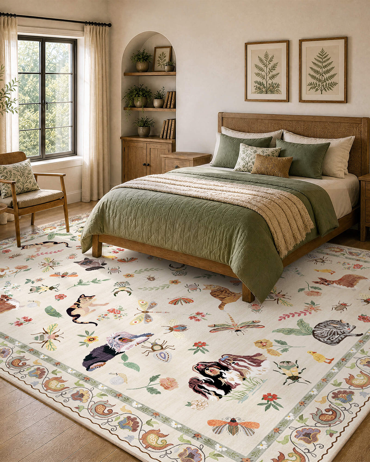An ivory soft kids bedroom rug with cute animal, butterfly, and floral patterns adds gentle comfort to a child-friendly bedroom with cozy green bedding, warm wood furniture, and cheerful nursery-inspired decor.