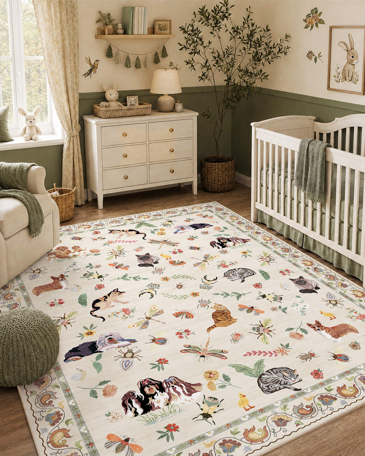 An ivory soft kids nursery rug with cute animal, butterfly, and floral patterns creates a gentle, comfortable play space for a baby room with a crib, dresser, bunny wall art, and warm child-friendly decor.