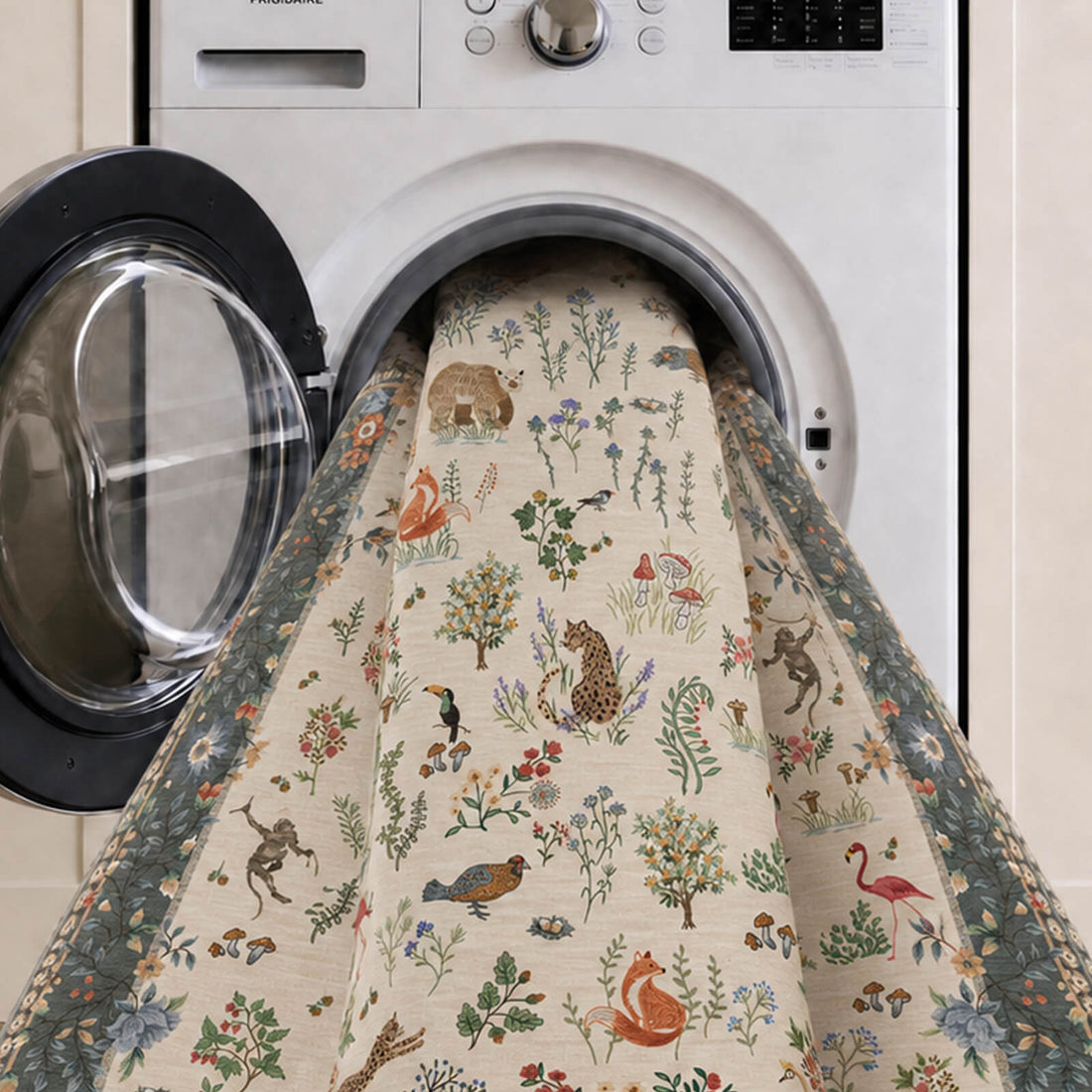 An ivory soft kids rug is shown in a washing machine, featuring cute forest animals, birds, flamingos, mushrooms, and floral border details with a gentle comfortable surface and easy-care design for nurseries, playrooms, and children’s bedrooms.