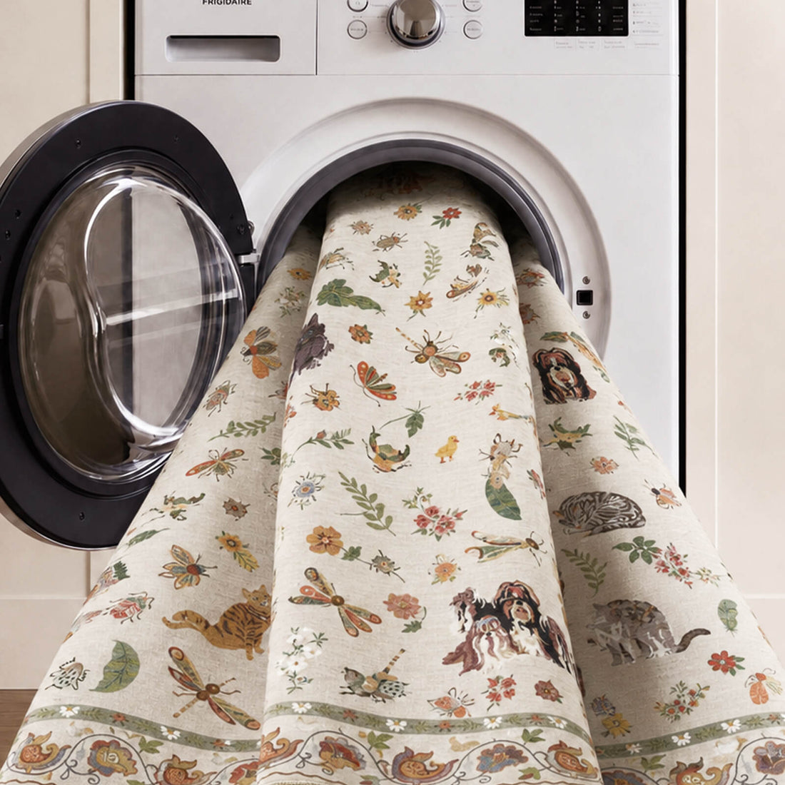 An ivory soft kids rug is shown in a washing machine, featuring cute animal, butterfly, and floral illustrations with a gentle comfortable surface and easy-care design for nurseries, playrooms, and children’s bedrooms.