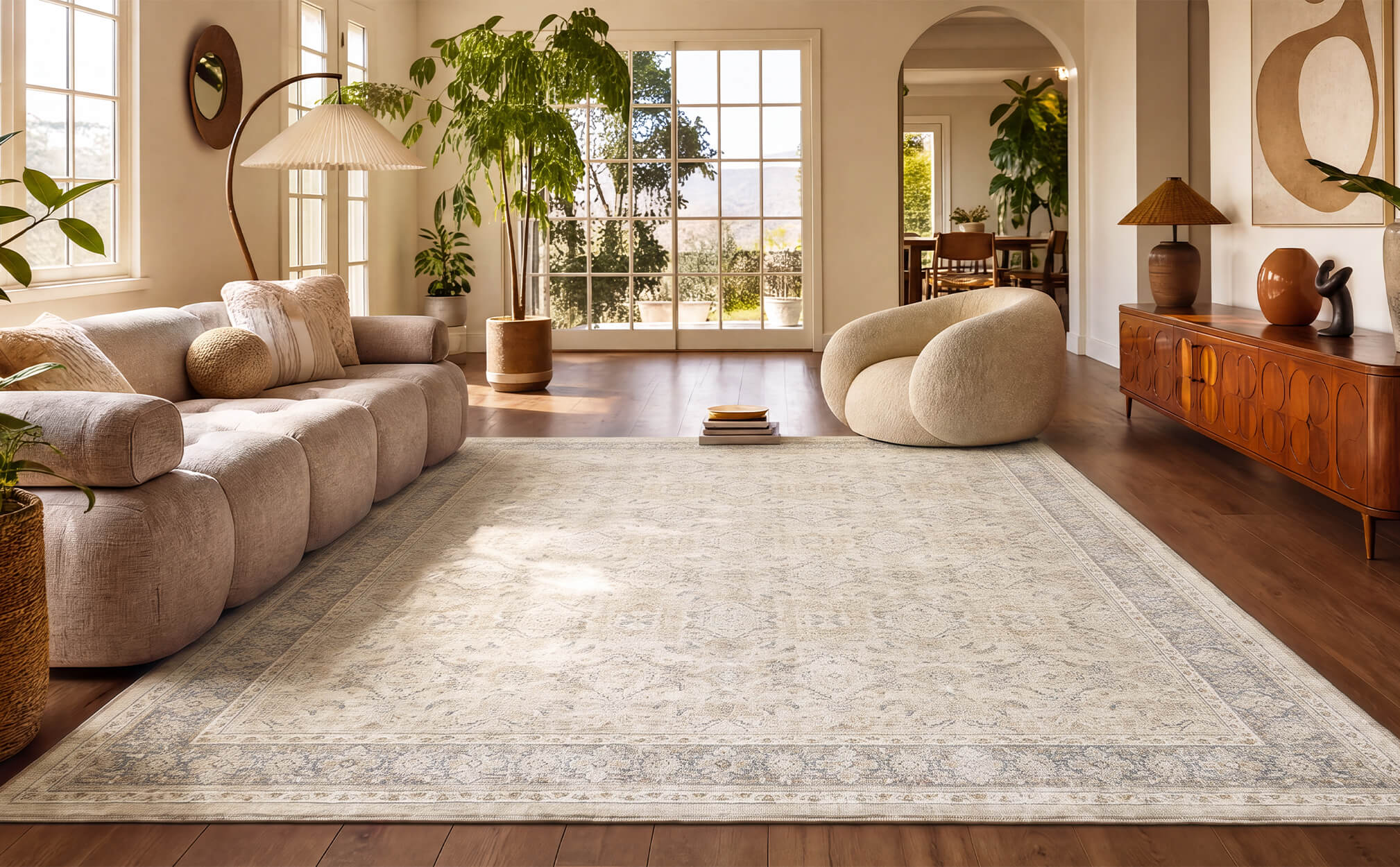 An ivory vintage washable area rug with a soft faded border pattern anchors a bright boho living room with a modular sofa, warm wood floors, greenery, and airy natural light.