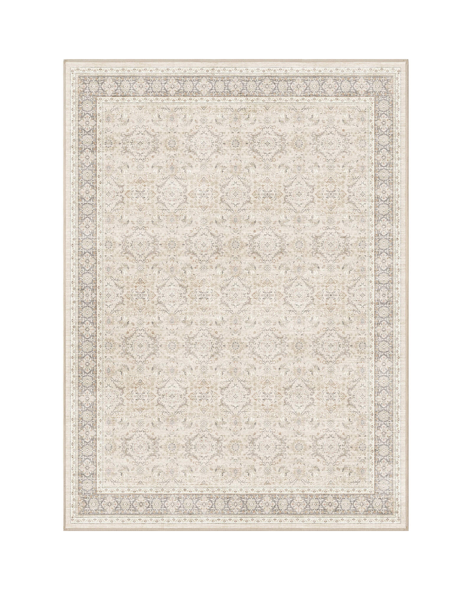 An ivory vintage washable area rug features a softly faded ornamental pattern, double border design, and low-pile texture for timeless living room, bedroom, and dining room decor.