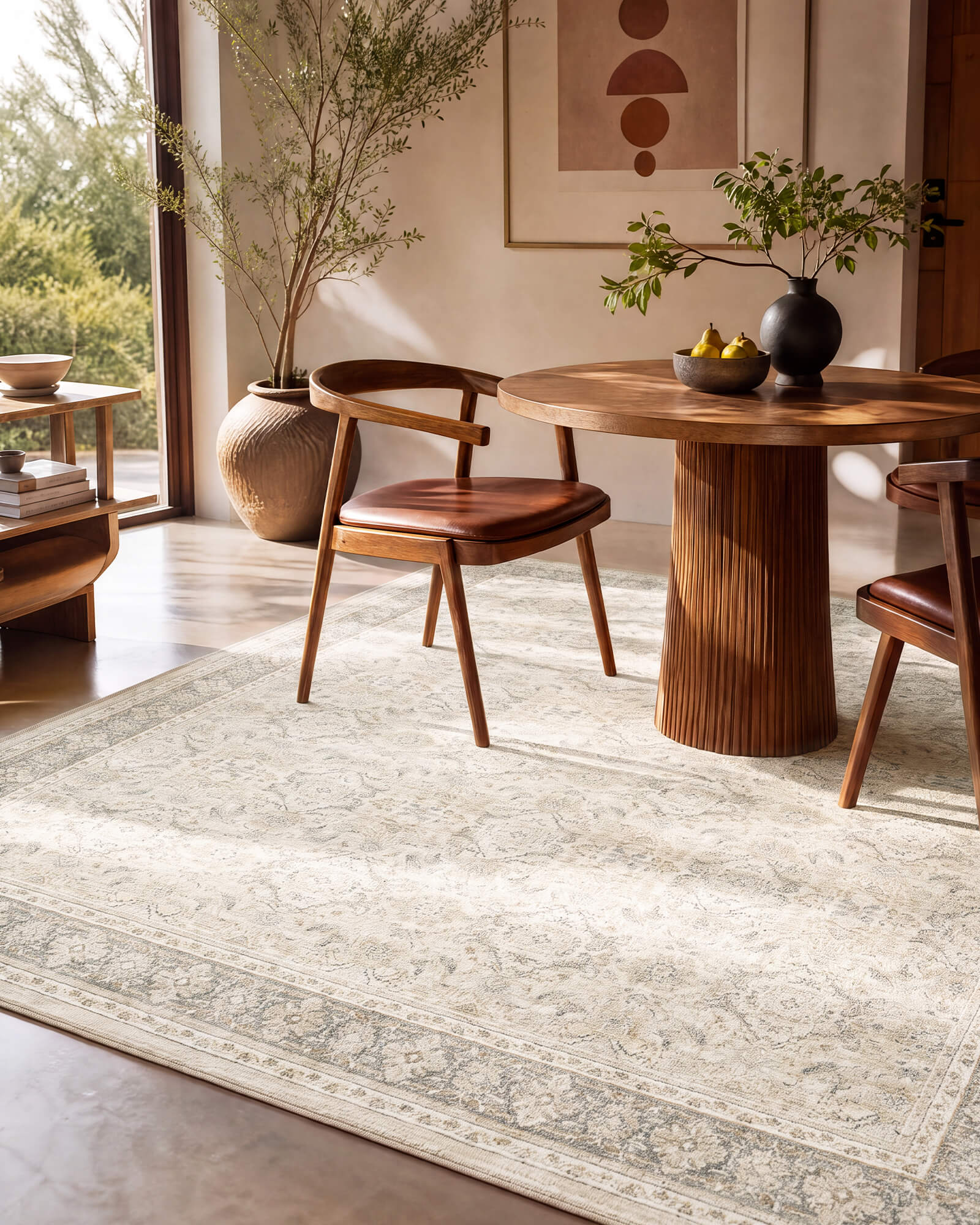 An ivory vintage washable rug with a soft faded border pattern adds warm elegance to a sunlit dining room with a round wood table, leather chairs, natural textures, and modern rustic decor.