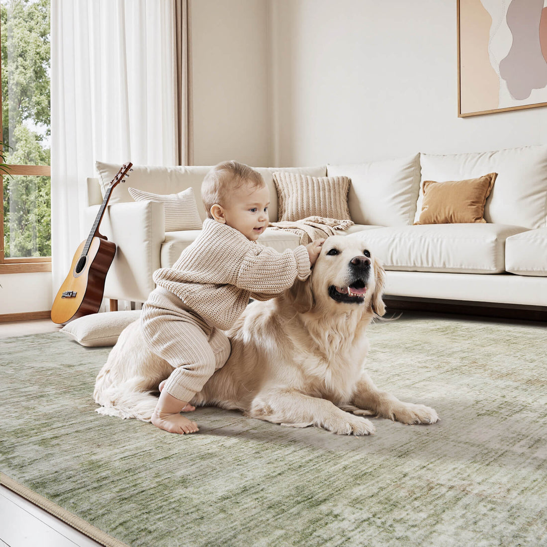 A kid and pet friendly green washable area rug creates a soft, cozy play space for a child and dog in a bright living room.