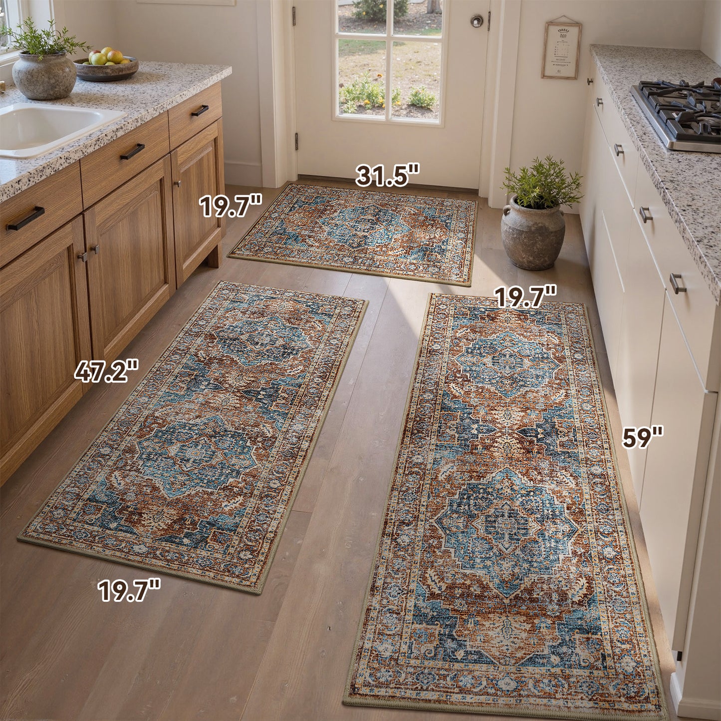 Vintage Kitchen Rugs Set of 3 Runner Rugs for Kitchen 20"x 32"+20"x 48"+20"x 59"