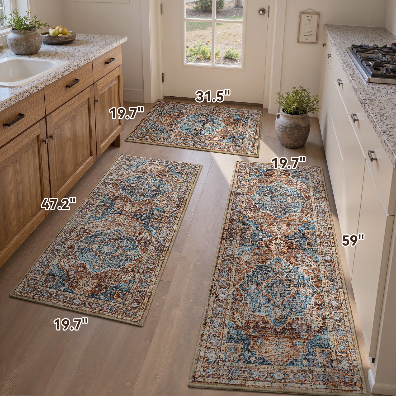 Vintage Kitchen Rugs Set of 3 Runner Rugs for Kitchen 20"x 32"+20"x 48"+20"x 59"