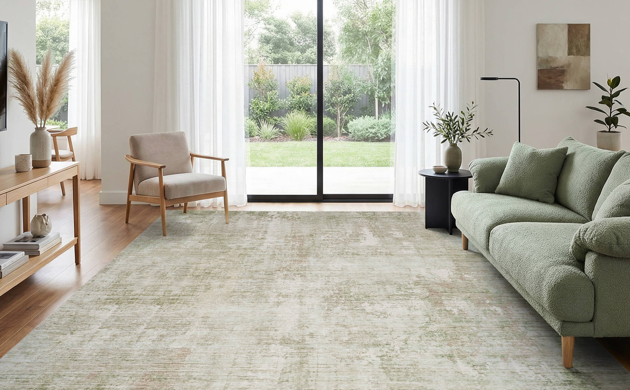A large green washable area rug brings a softmodern texture and calm natural style to a bright modern living room with a green sofa and wood accents.