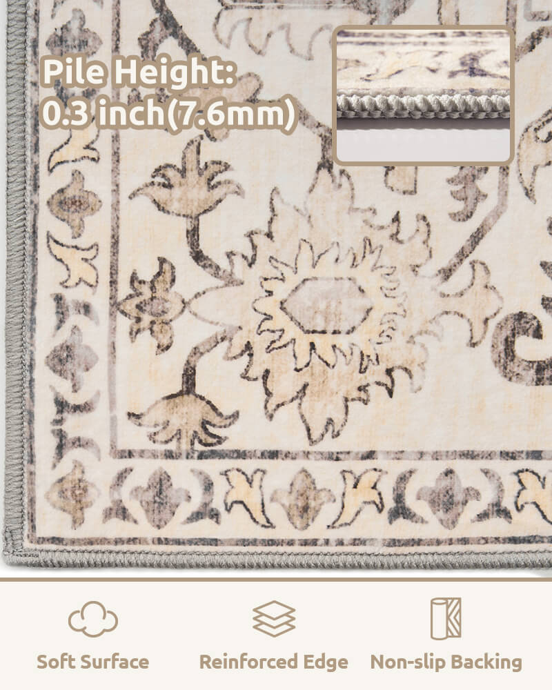 Vintage-inspired area rug crafted for long-term home use