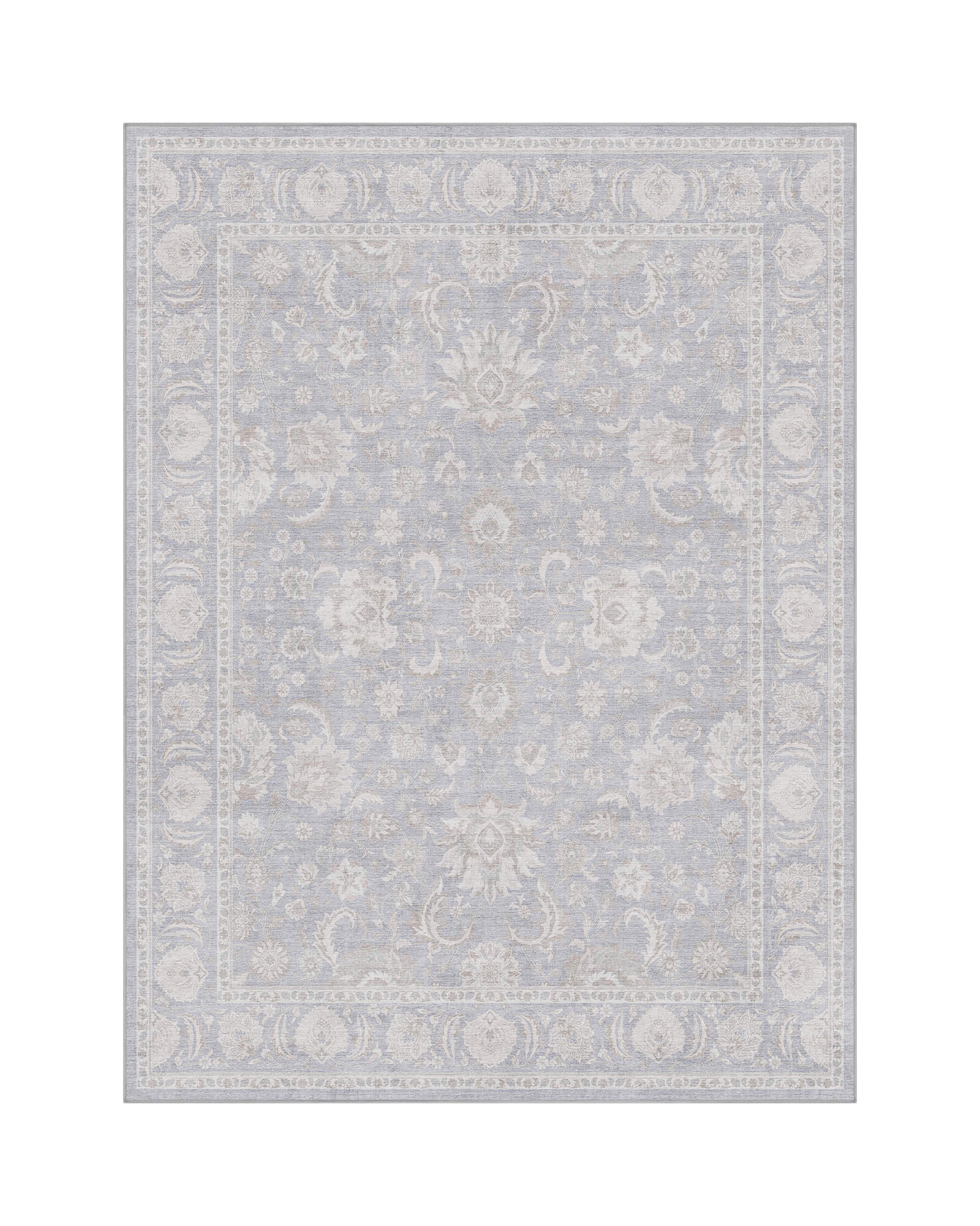 A light blue vintage washable area rug features a faded ornamental medallion pattern, delicate border details, and a soft low-pile design for elegant bedrooms, living rooms, and cozy home decor.