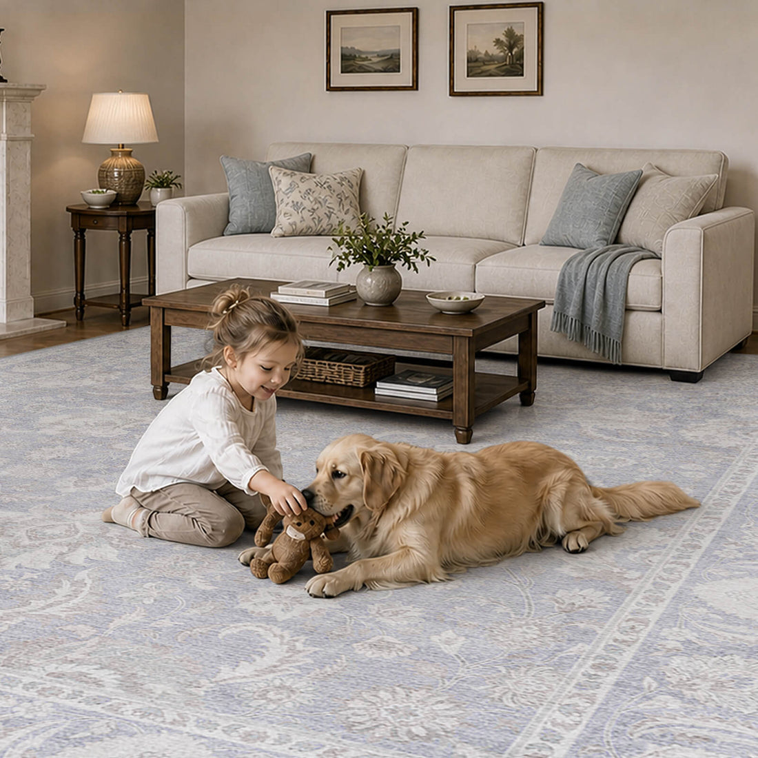 A light blue vintage washable area rug with a soft low-pile texture creates a cozy kid and pet friendly living room space for playtime, relaxing with dogs, and everyday family comfort.