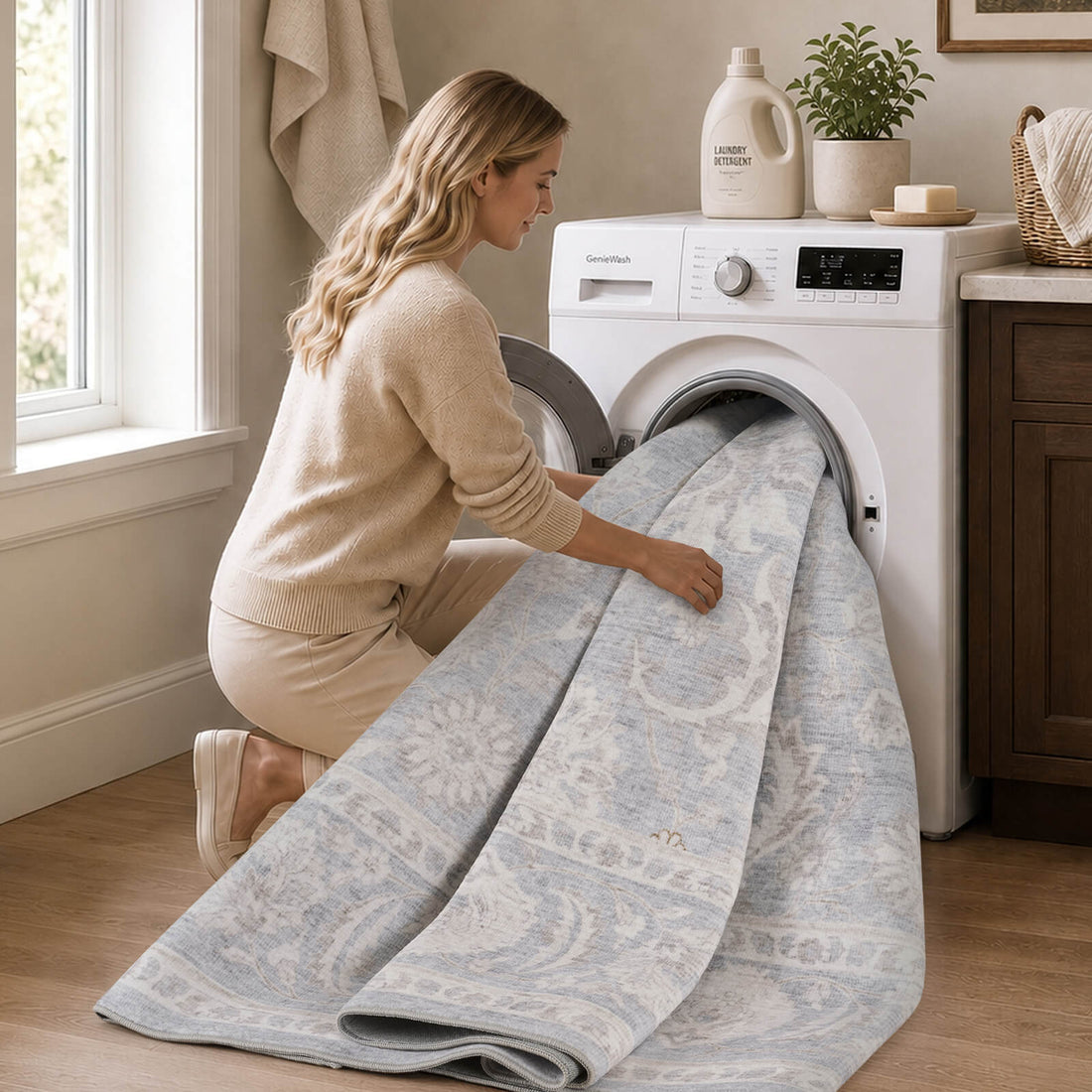A light blue vintage washable area rug is shown in a laundry room, highlighting its machine washable design, soft low-pile texture, faded ornamental pattern, and easy-clean convenience for busy homes.