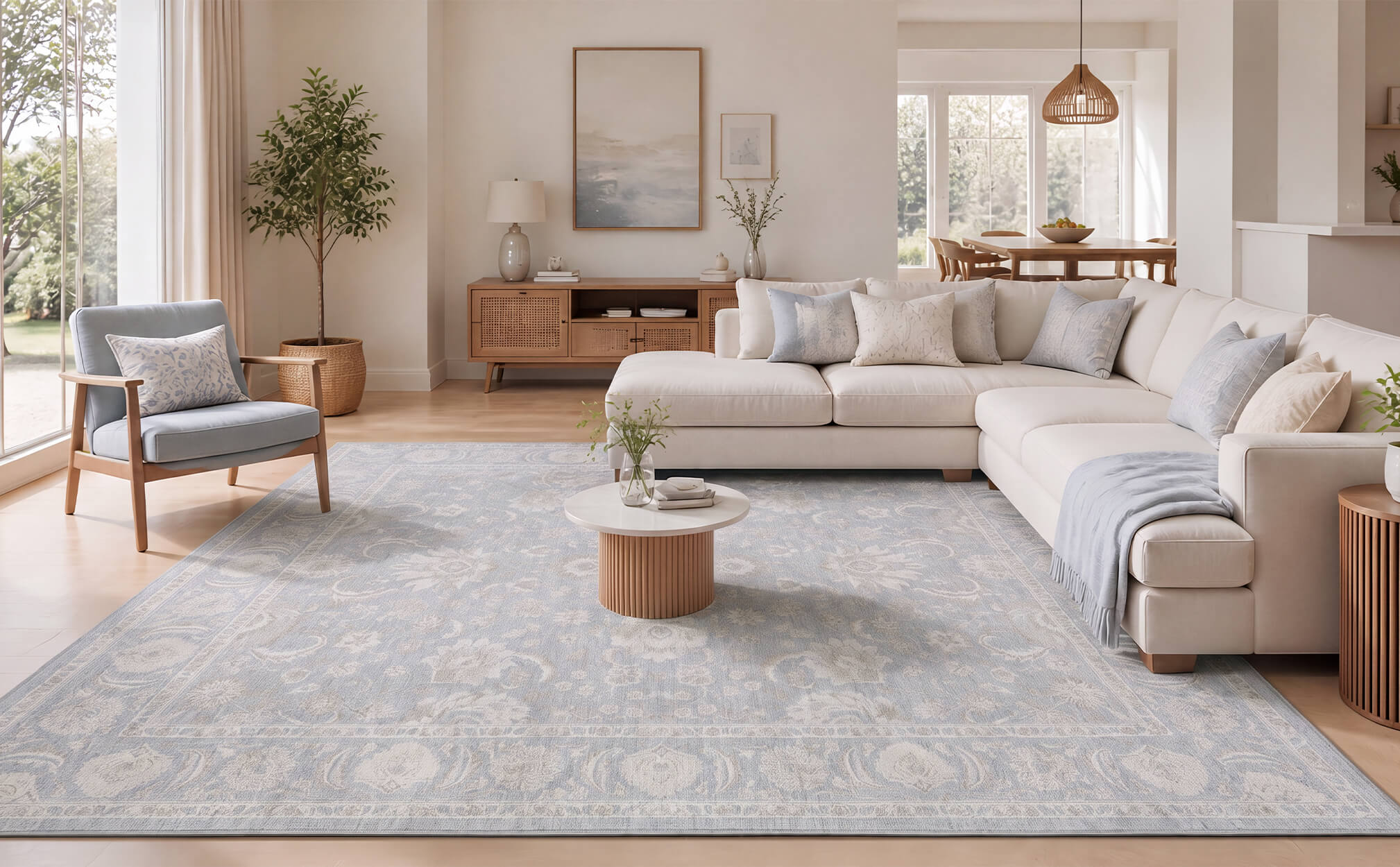 A light blue vintage washable area rug with a soft ornamental pattern creates an airy living room foundation with a sectional sofa, accent chair, wood furniture, and calm coastal-inspired decor.