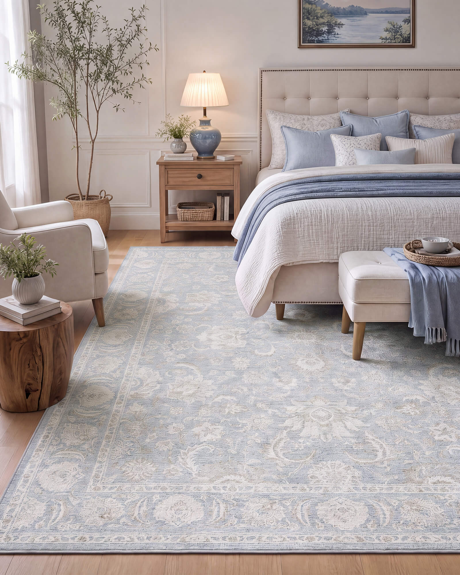 A light blue vintage washable rug with a faded ornamental border pattern adds soft color and timeless charm to a cozy bedroom with blue accents, wood furniture, and warm natural light.