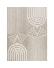 A light gray abstract indoor outdoor rug features a modern arch and stripe design, bringing clean geometric texture and weather-resistant style to patios, decks, living rooms, and contemporary home spaces.