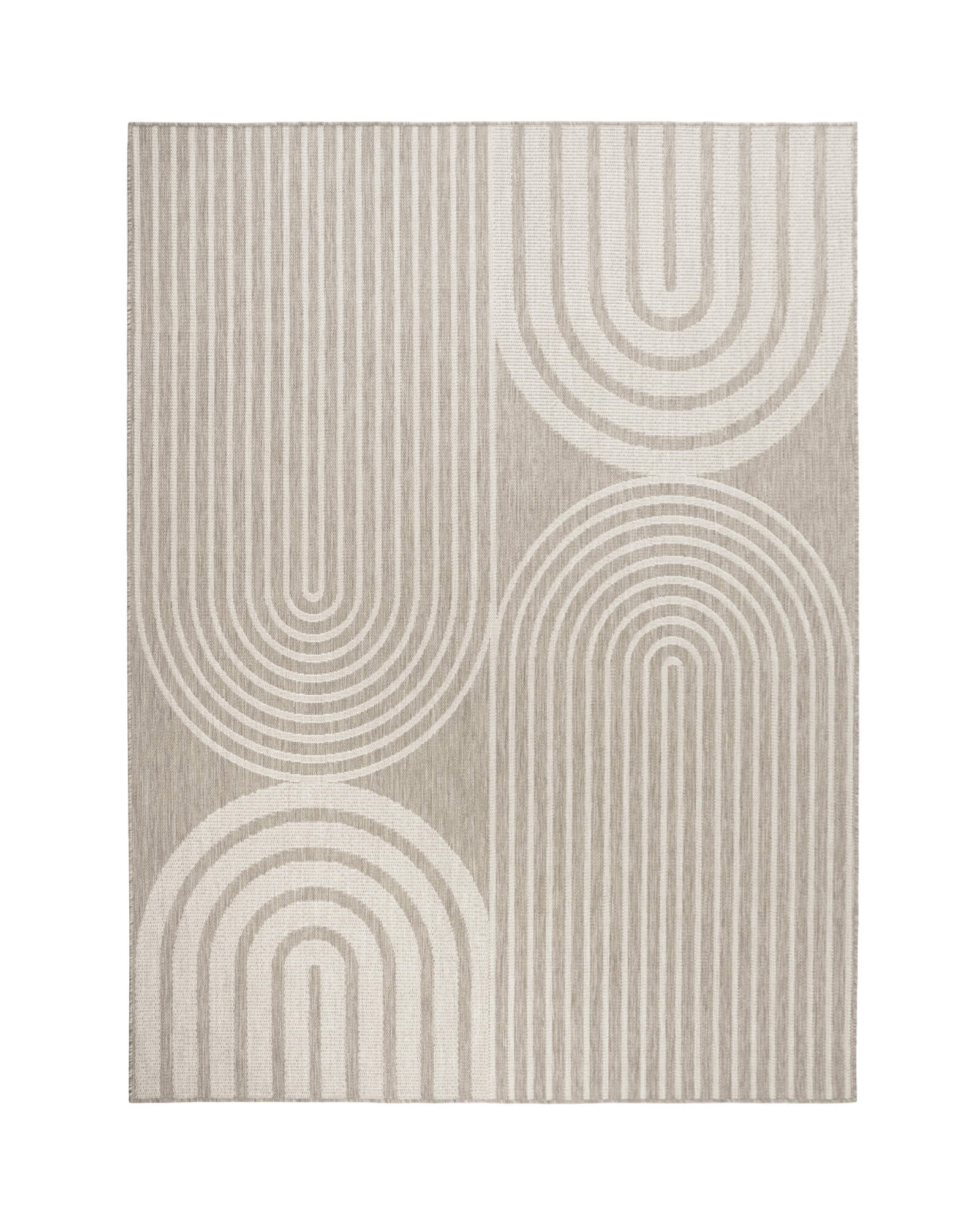 A light gray abstract indoor outdoor rug features a modern arch and stripe design, bringing clean geometric texture and weather-resistant style to patios, decks, living rooms, and contemporary home spaces.