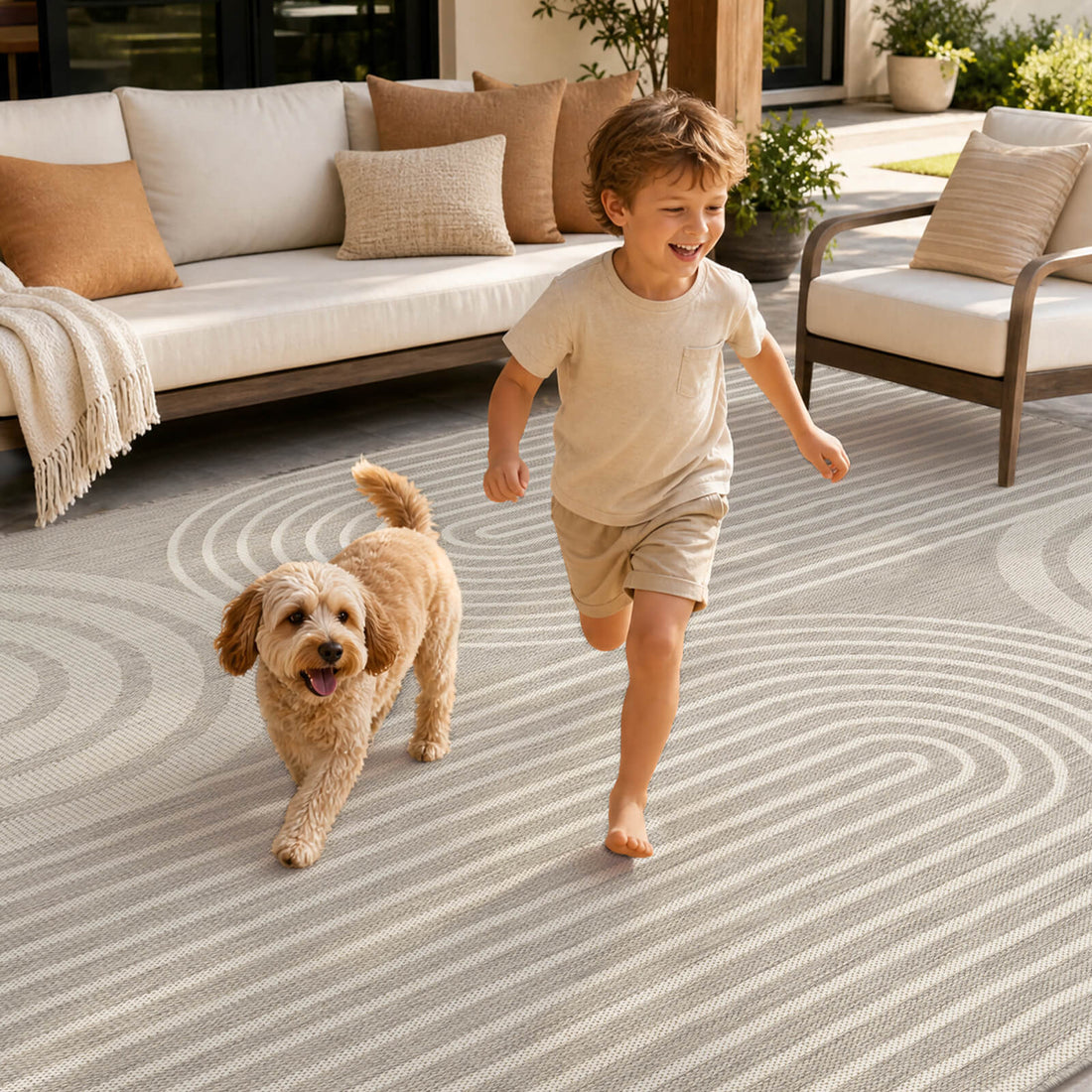 A light gray abstract indoor outdoor rug with an arch stripe pattern creates a kid and pet friendly patio play space with outdoor seating, soft woven texture, and easy-care everyday comfort.