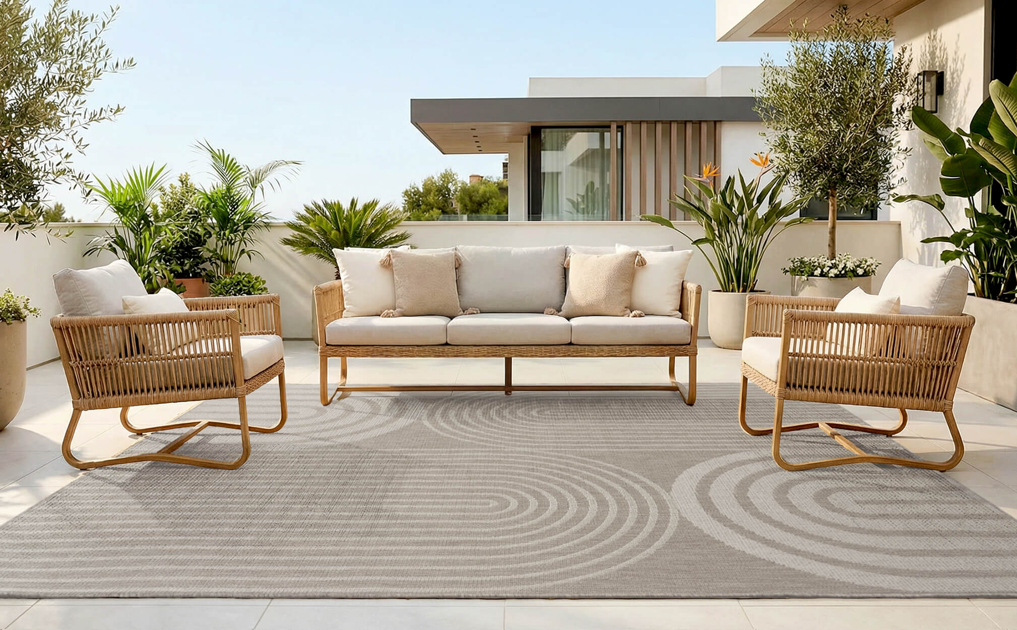 A light gray abstract indoor outdoor rug with a modern arch line pattern creates a clean patio seating area with woven chairs, a sofa set, tropical greenery, and weather-resistant outdoor style.