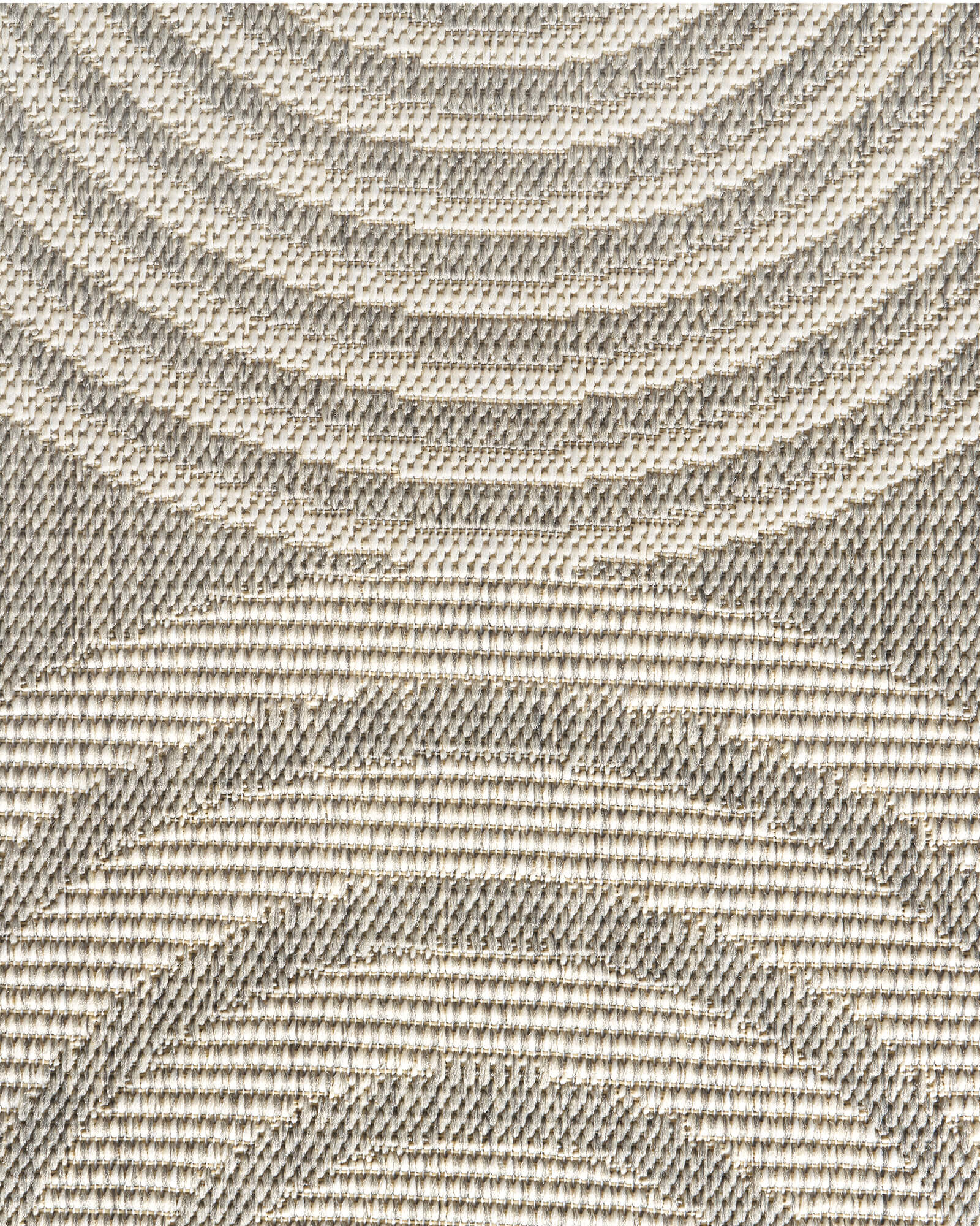 A close-up view of a light gray abstract outdoor rug highlights its raised arch texture, woven surface, and durable weather-resistant design for patios, decks, porches, and outdoor living spaces.