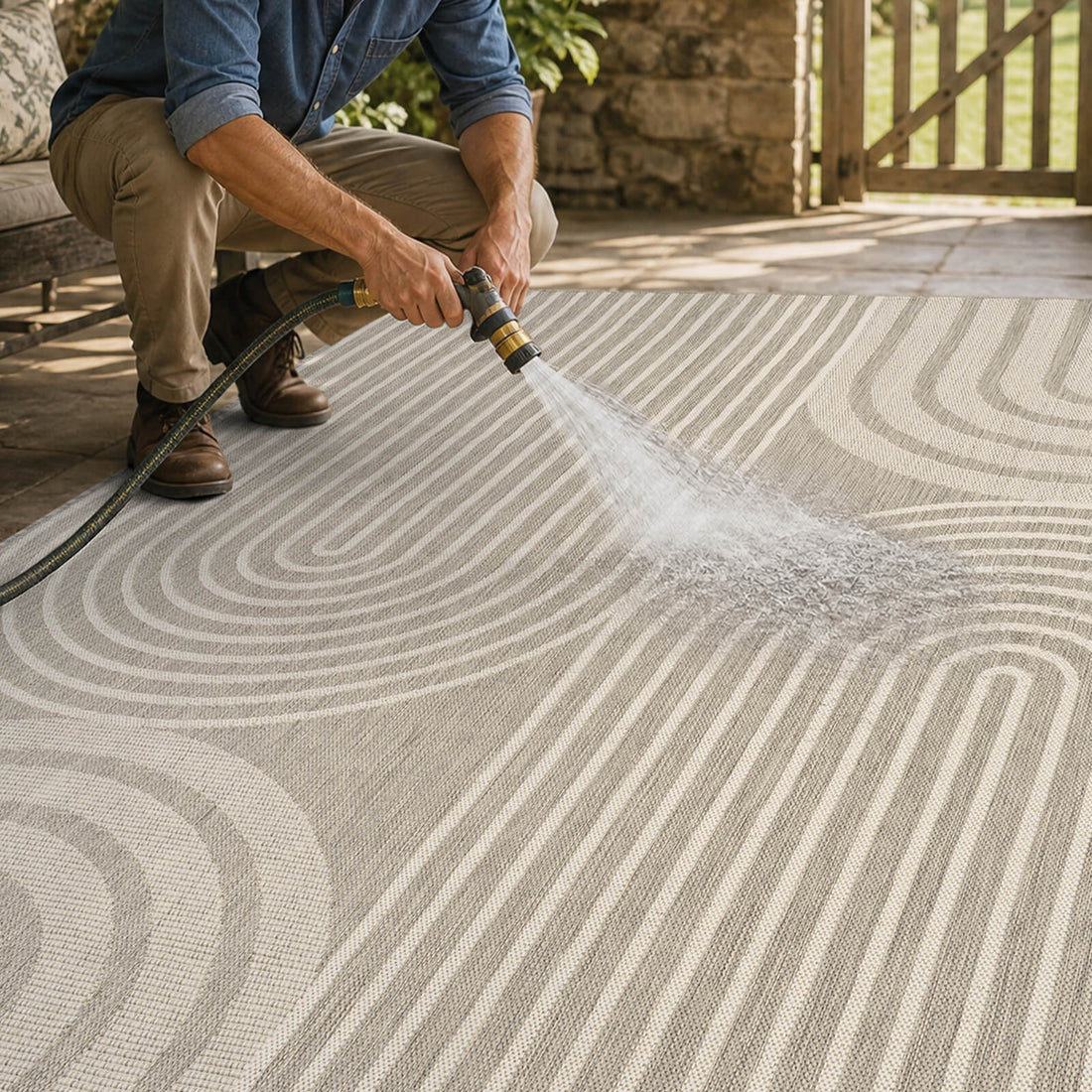 A light gray abstract outdoor rug with an arch stripe pattern is shown being rinsed with a garden hose, highlighting its easy-clean surface and practical style for patios, decks, and outdoor living spaces.