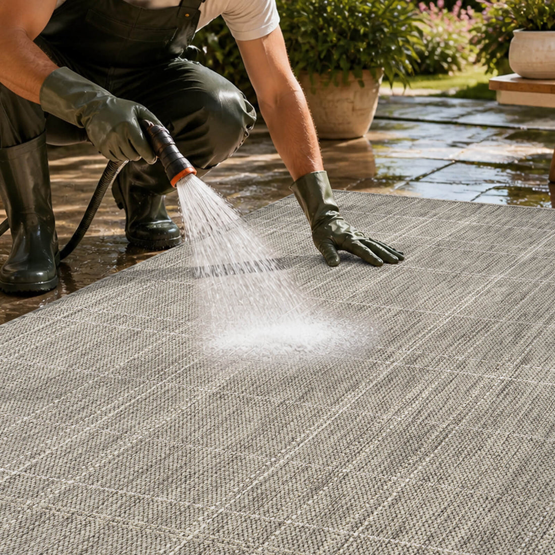 A light gray grid outdoor rug is shown being rinsed clean outdoors, highlighting its water-resistant woven surface, easy-care texture, and durable design for patios, decks, porches, and outdoor living spaces.